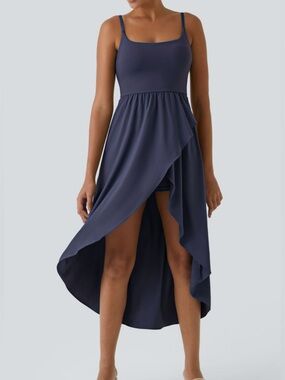 HALARA  Breezeful Backless High Low 2-Piece Flowy Midi Dress Medium Navy